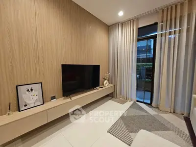 Modern living room with sleek TV setup and elegant decor