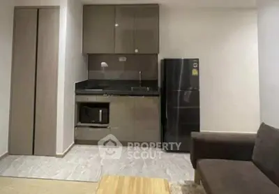 Modern compact kitchen with sleek cabinets and appliances in cozy living area.