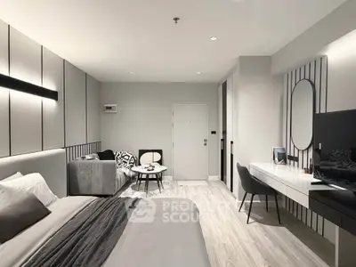 Modern bedroom with stylish decor and sleek furniture