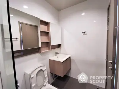 Modern bathroom with sleek design, featuring a built-in washing machine, ample shelving, large mirror, and minimalist sink.