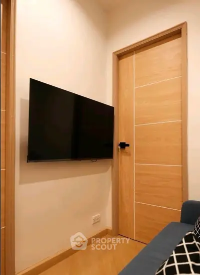 Modern living room with wall-mounted TV and stylish wooden door