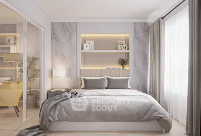 Elegant modern bedroom with neutral tones and stylish decor