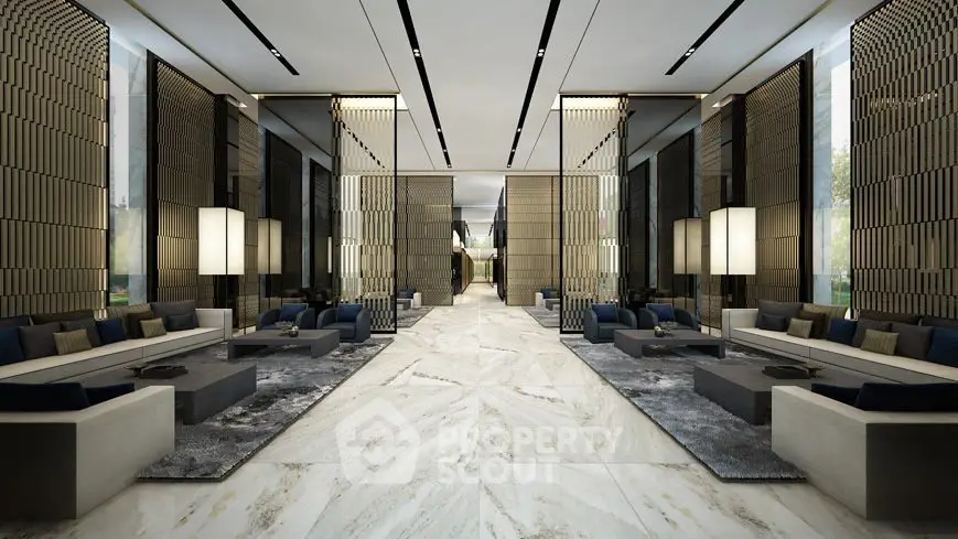 Luxurious modern lobby with elegant seating and marble flooring in upscale building.