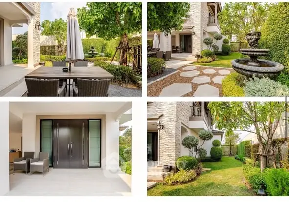 Luxurious garden with outdoor seating and elegant landscaping in a modern home.