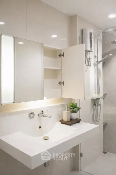 Modern bathroom with sleek fixtures and elegant lighting