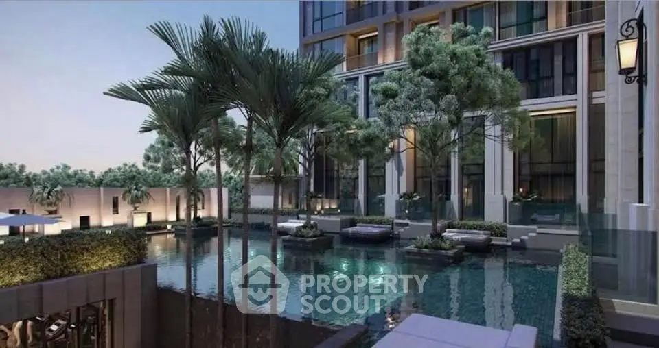 Luxurious modern building with serene pool and lush greenery