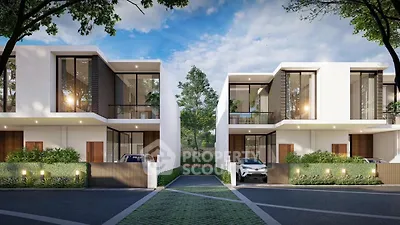 Modern luxury duplex homes with sleek design and lush greenery