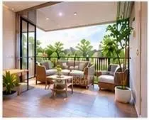 Spacious balcony with cozy seating and lush greenery view