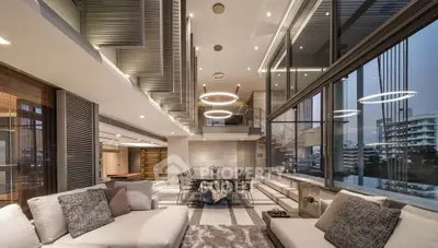 Luxurious modern living room with high ceilings and stunning city view