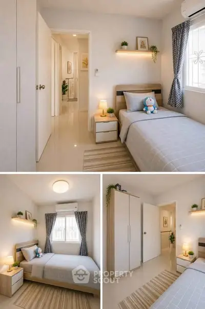 Cozy and modern bedroom with stylish decor and ample natural light, perfect for relaxation and comfort.
