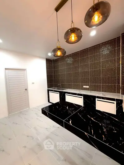 Modern kitchen with elegant black marble countertops and stylish pendant lighting