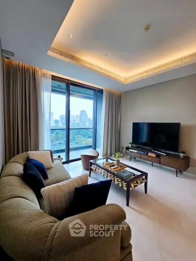 Luxurious living room with stunning city view and modern decor