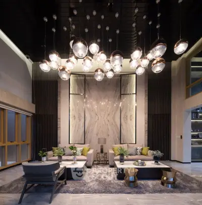 Luxurious living room with modern chandelier and elegant decor