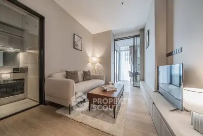 Modern living room with cozy sofa and sleek decor in a stylish apartment