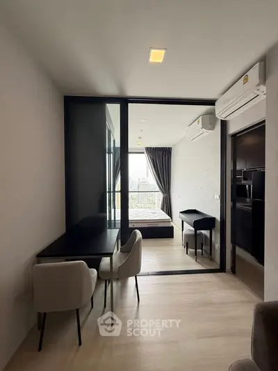 Modern apartment with open layout and city view from balcony