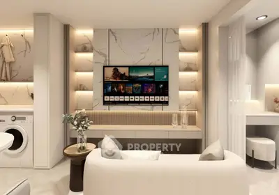 Luxurious modern living room with marble accents and built-in TV, featuring elegant lighting and stylish decor.