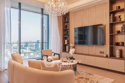Luxurious living room with stunning city view and elegant decor