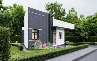 Modern minimalist house exterior with lush garden and sleek design