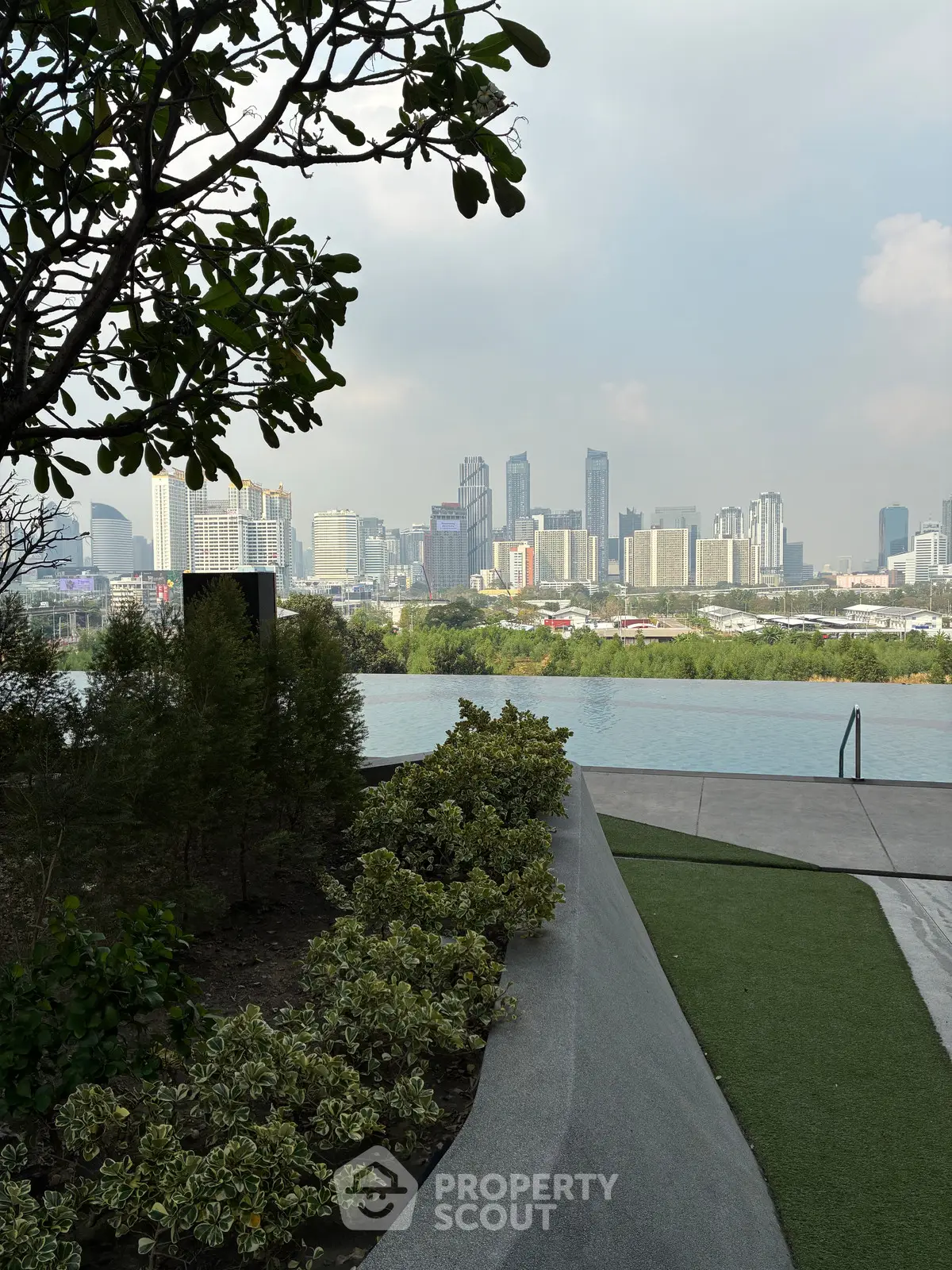 Stunning city skyline view from a luxurious rooftop pool area with lush greenery.