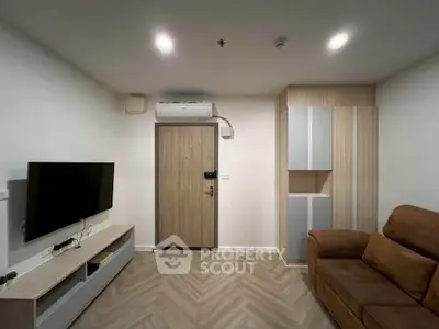 Modern living room with sleek furniture and stylish wood flooring