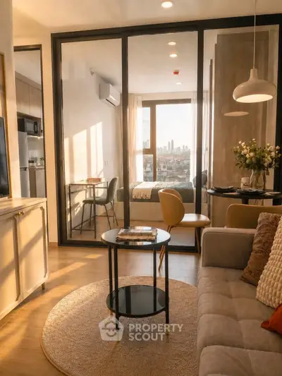 Modern apartment interior with cozy living room and city view from bedroom