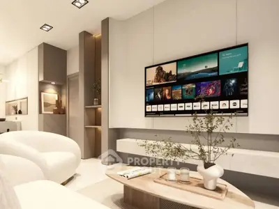 Modern living room with sleek design and wall-mounted TV, featuring cozy seating and stylish decor.