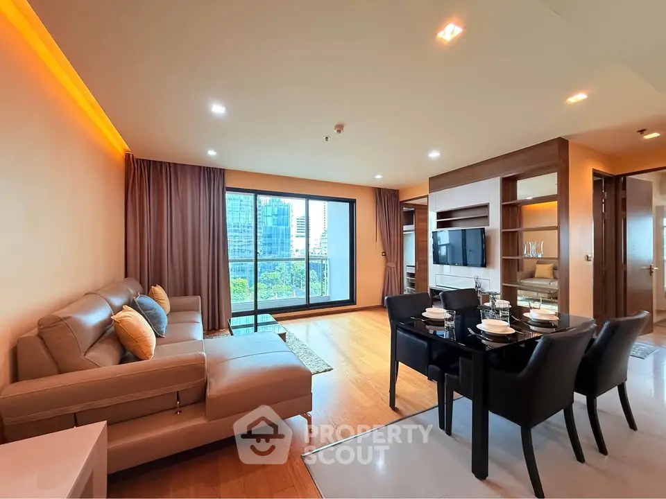 Spacious modern living room with city view and elegant dining area