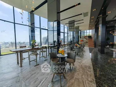 Luxurious high-rise building interior with panoramic city views and elegant dining area.
