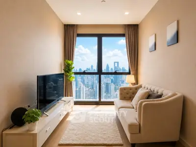 Luxurious living room with stunning city skyline view, elegant decor, and modern furnishings.