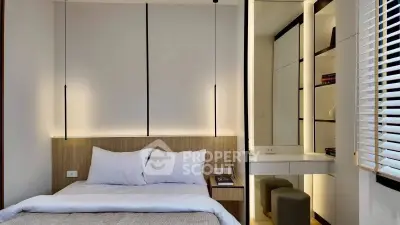 Modern bedroom with sleek design and ambient lighting, featuring a cozy bed and stylish built-in shelves.