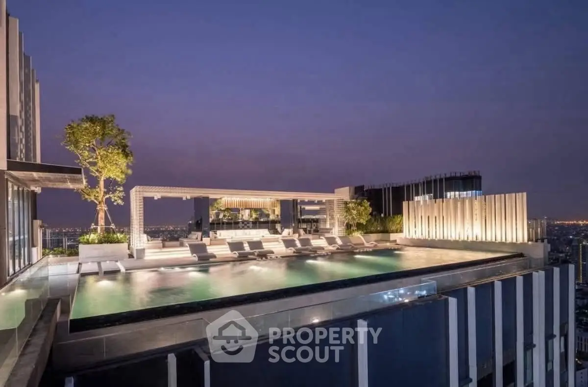 Luxurious rooftop pool with stunning city skyline view at twilight.