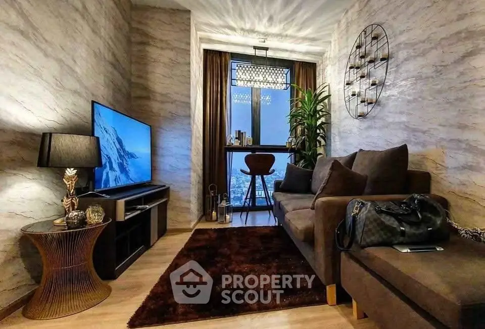 Stylish living room with modern decor and city view, featuring cozy seating and elegant lighting.