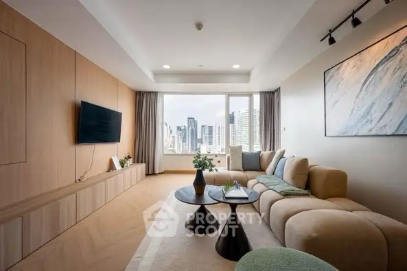 Luxurious living room with modern decor and stunning city view