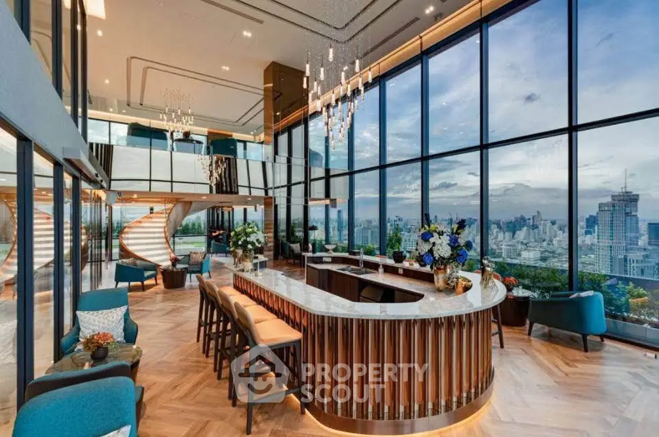 Luxurious penthouse with panoramic city views and elegant interior design, featuring a stylish bar and floor-to-ceiling windows.