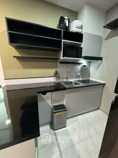 Modern compact kitchen with sleek cabinetry and built-in appliances