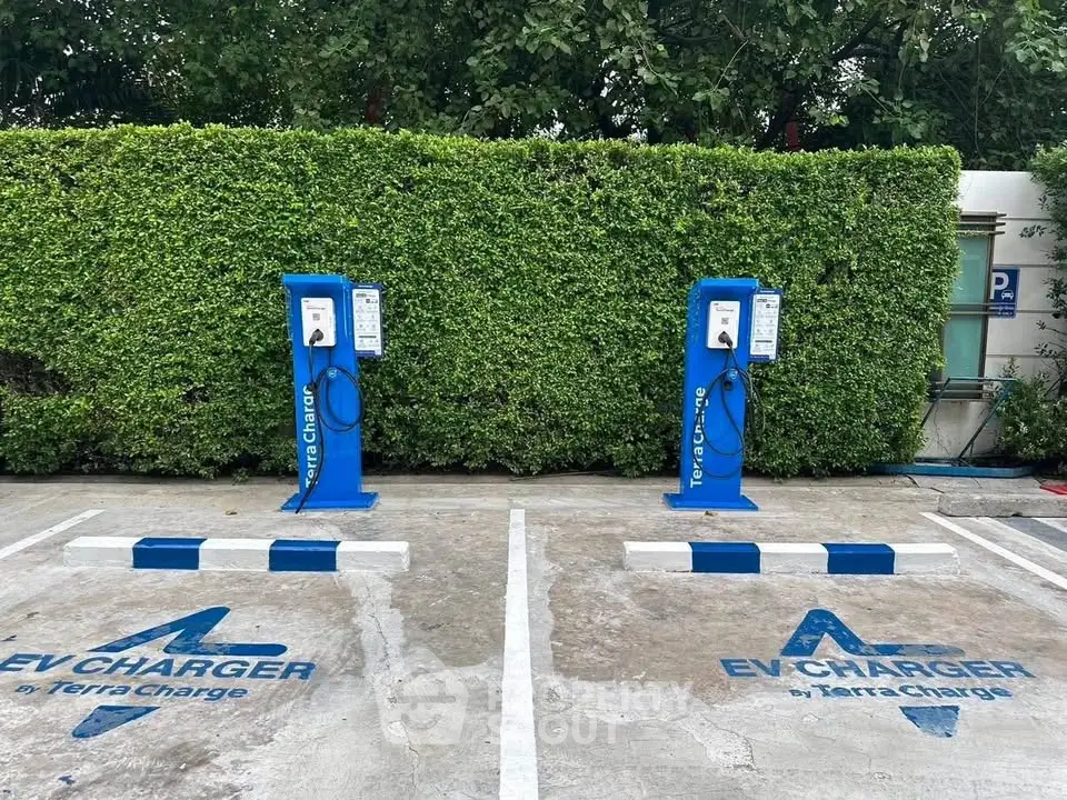 Modern EV charging stations in a green outdoor setting, perfect for eco-friendly properties.