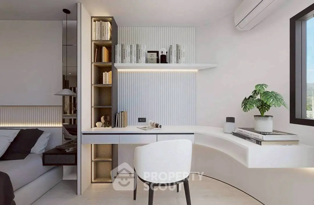 Modern study room with sleek white desk, built-in shelves, and natural light.