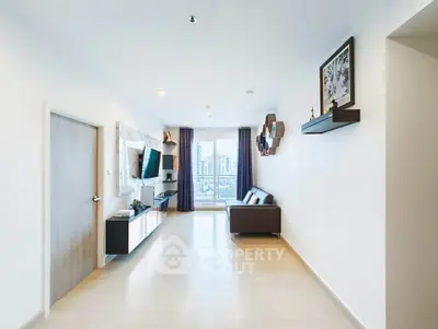 Spacious modern living room with city view and stylish decor