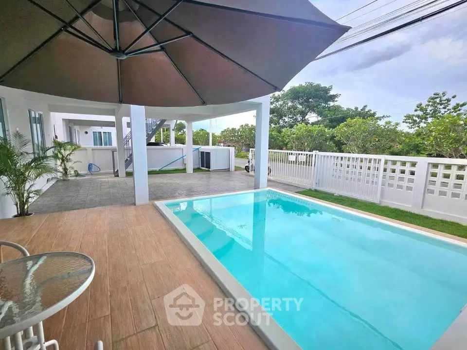 Stunning modern home with private pool and spacious patio, perfect for outdoor relaxation and entertainment.