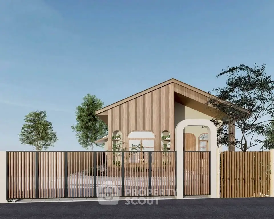 Modern wooden house exterior with stylish fence and lush greenery