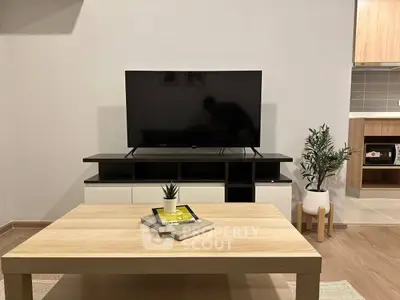 Modern living room with sleek TV stand and stylish decor