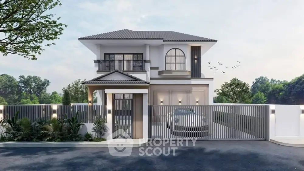 Elegant modern two-story house with gated entrance and lush surroundings
