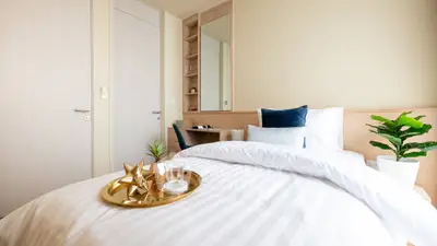 Cozy bedroom with stylish decor and natural light, featuring a comfortable bed and elegant furnishings.