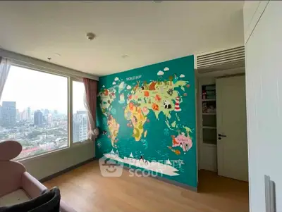 Spacious bedroom with vibrant world map mural and city view, perfect for a child's room.