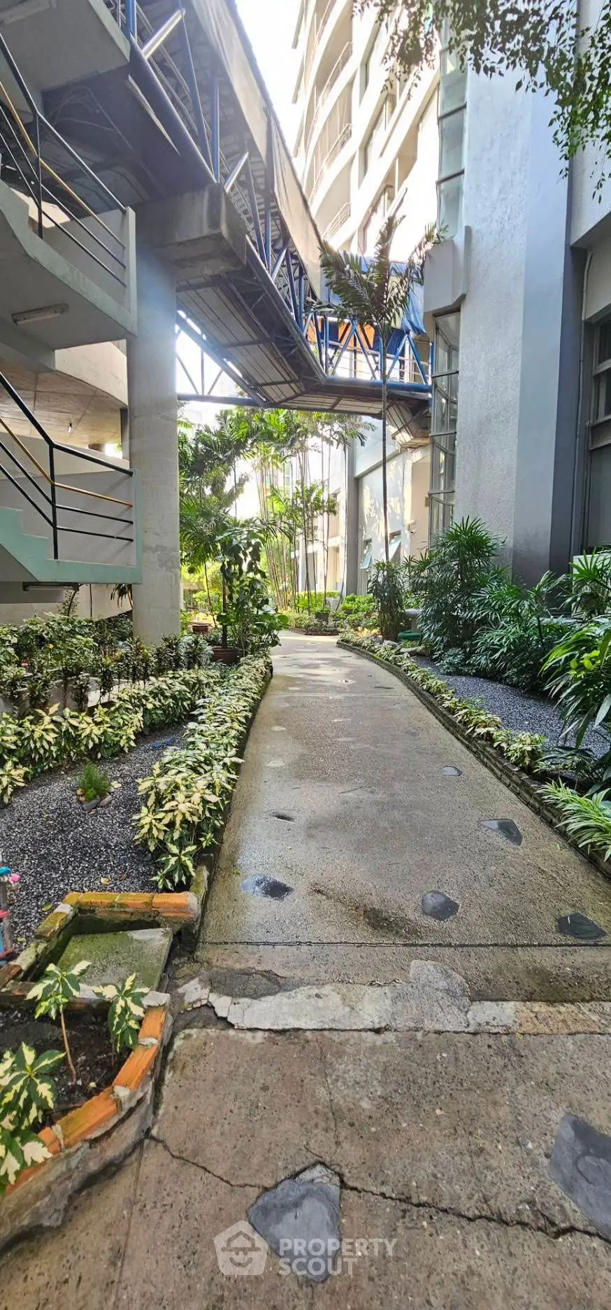 Beautiful garden pathway in modern residential complex with lush greenery and architectural features.