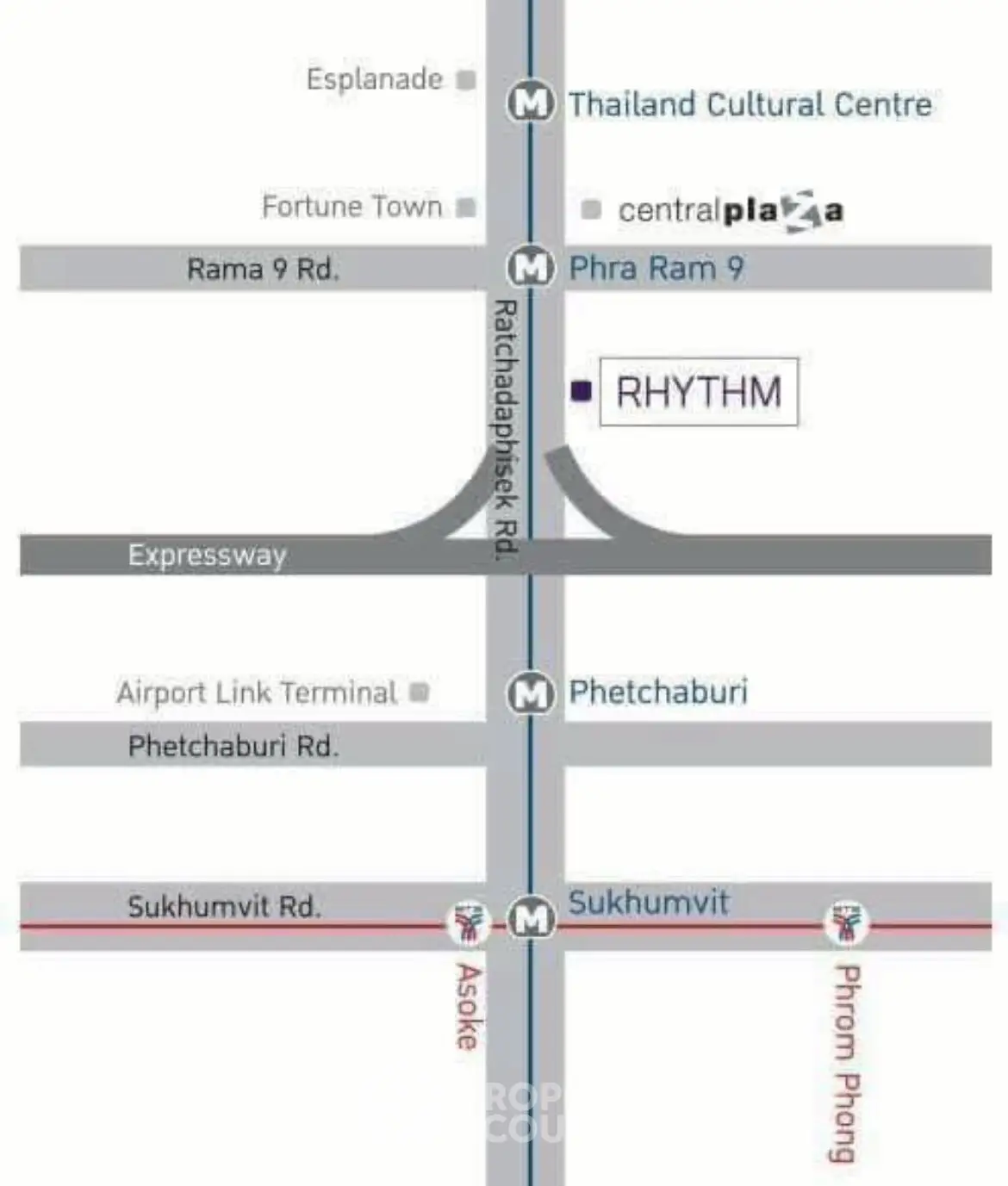 Map showing location of Rhythm near Thailand Cultural Centre and MRT stations.