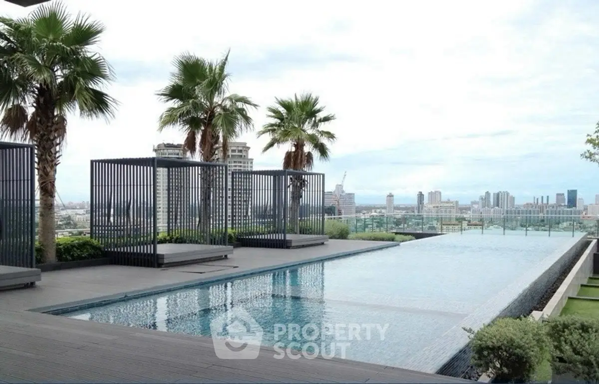 Luxurious rooftop pool with stunning city skyline view and palm trees.