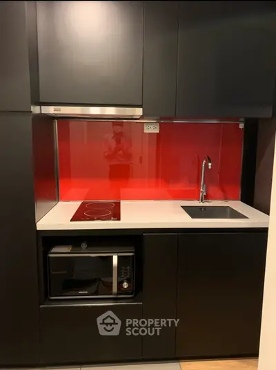 Modern kitchen with sleek black cabinets, red backsplash, and built-in appliances.