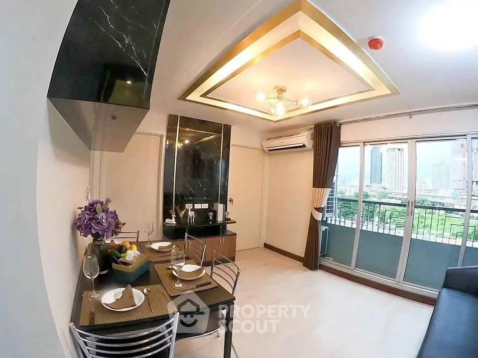 Modern living room with elegant ceiling design and city view balcony