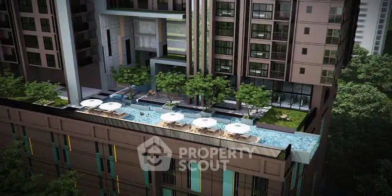 Luxurious rooftop pool with modern design and lush greenery in urban high-rise building.